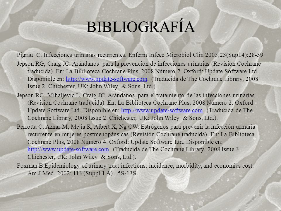 BIBLIOGRAFÍA Pigrau C. Infecciones urinarias recurrentes. Enferm Infecc Microbiol Clin 2005;23(Supl.4):