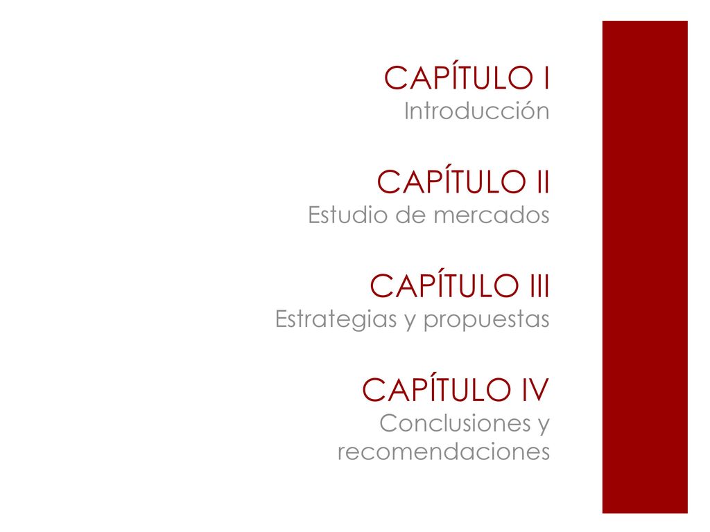 CAPÍTULO I Introducción CAPÍTULO II Estudio de mercados CAPÍTULO III Estrategias y propuestas CAPÍTULO IV Conclusiones y recomendaciones