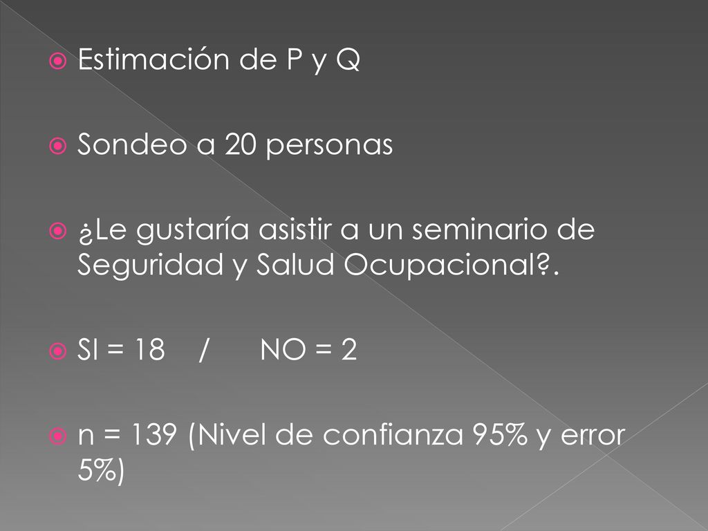 Estimación de P y Q Sondeo a 20 personas. ¿Le gustaría asistir a un seminario de Seguridad y Salud Ocupacional .