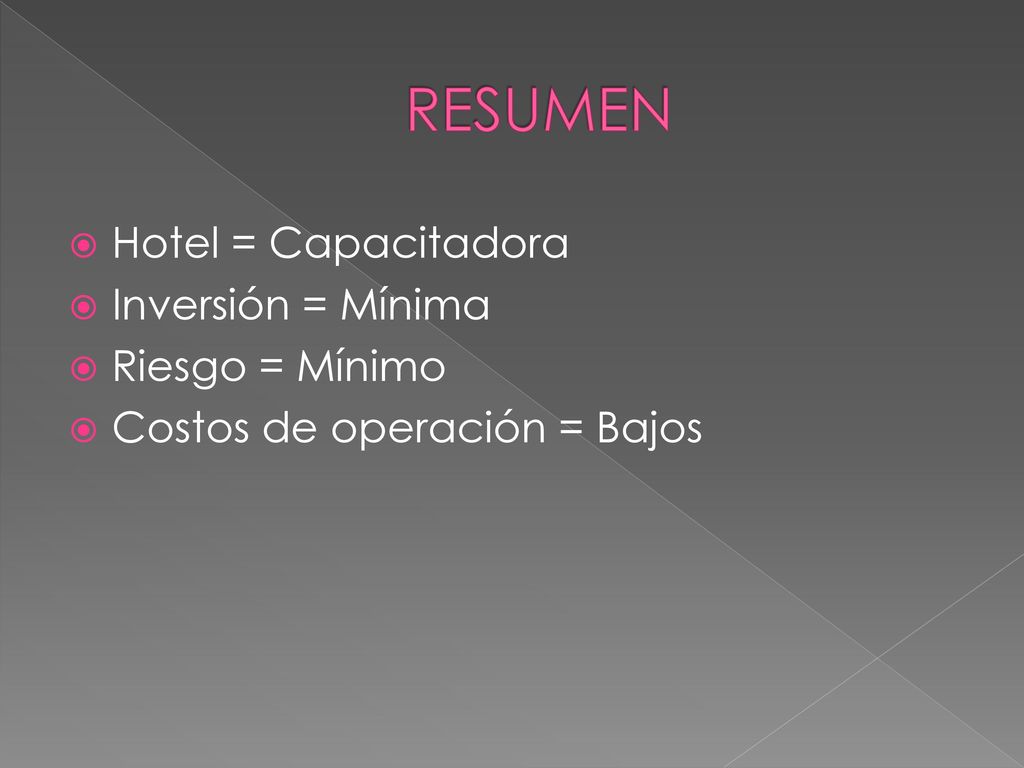 RESUMEN Hotel = Capacitadora Inversión = Mínima Riesgo = Mínimo