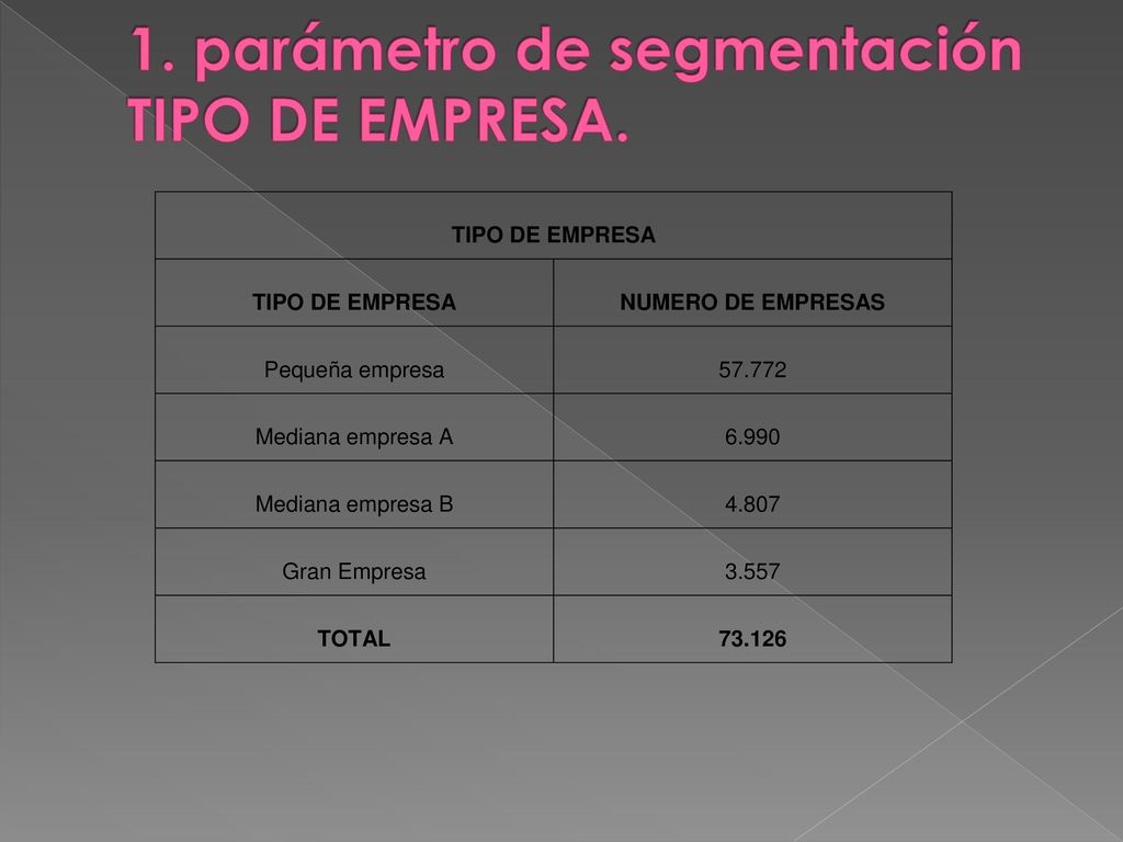 1. parámetro de segmentación TIPO DE EMPRESA.