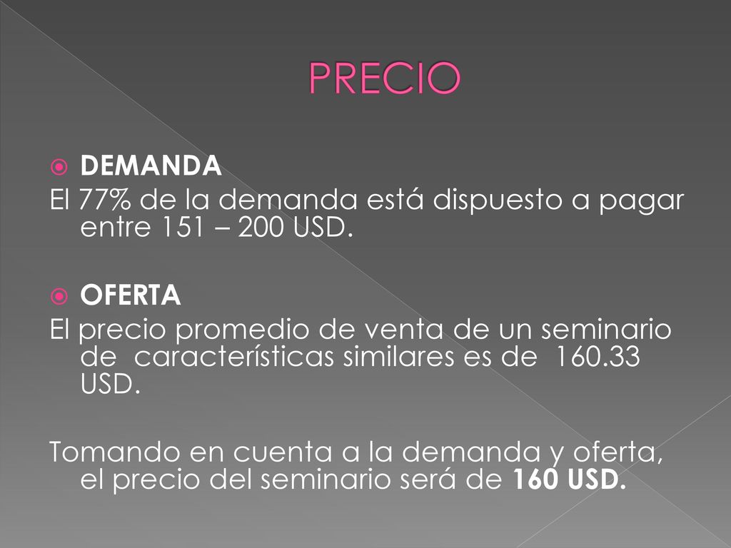 PRECIO DEMANDA. El 77% de la demanda está dispuesto a pagar entre 151 – 200 USD. OFERTA.