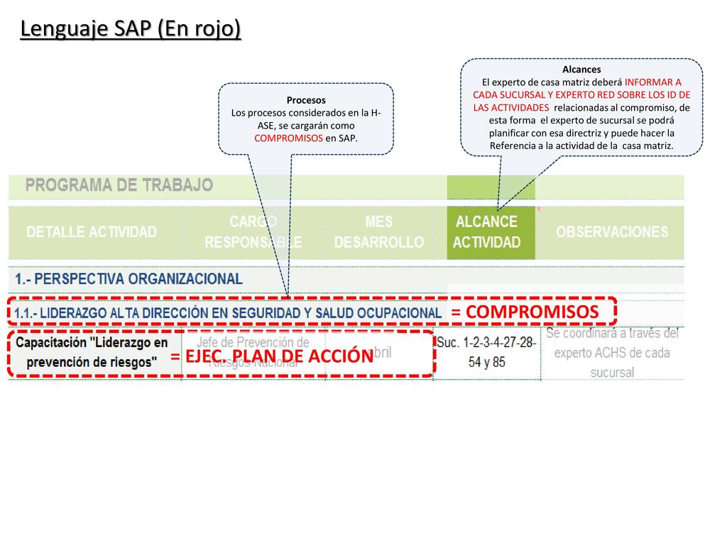 Lenguaje SAP (En rojo) = COMPROMISOS = EJEC. PLAN DE ACCIÓN