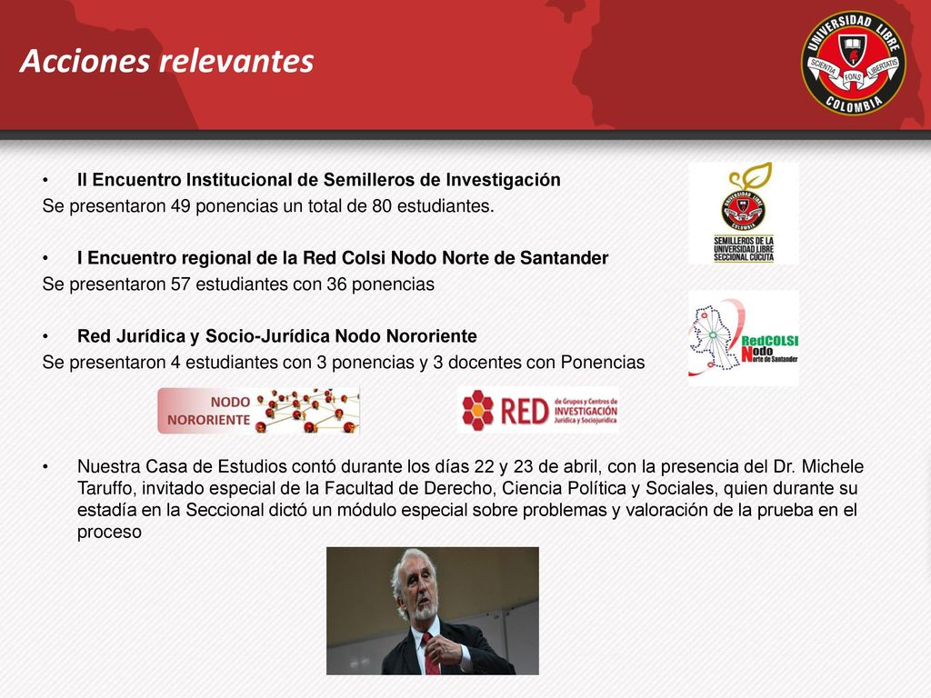 Acciones relevantes II Encuentro Institucional de Semilleros de Investigación. Se presentaron 49 ponencias un total de 80 estudiantes.