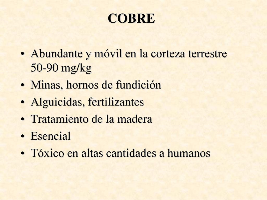COBRE Abundante y móvil en la corteza terrestre mg/kg