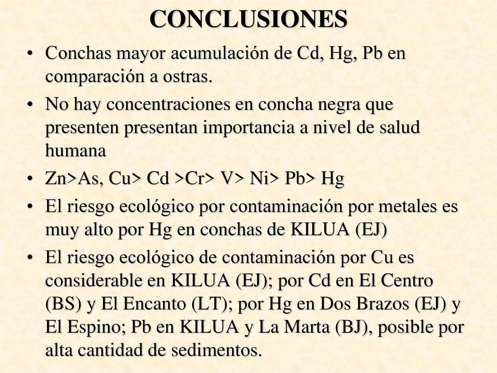 CONCLUSIONES Conchas mayor acumulación de Cd, Hg, Pb en comparación a ostras.