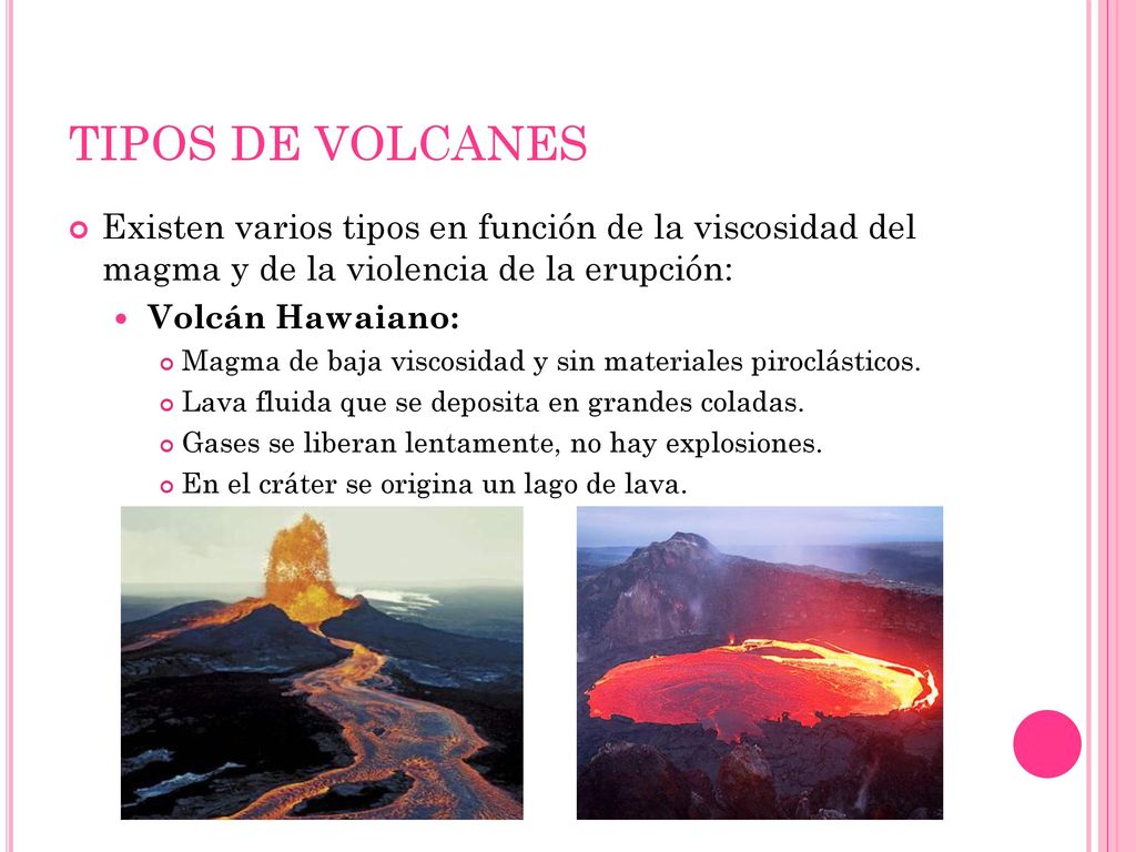 TIPOS DE VOLCANES Existen varios tipos en función de la viscosidad del magma y de la violencia de la erupción: