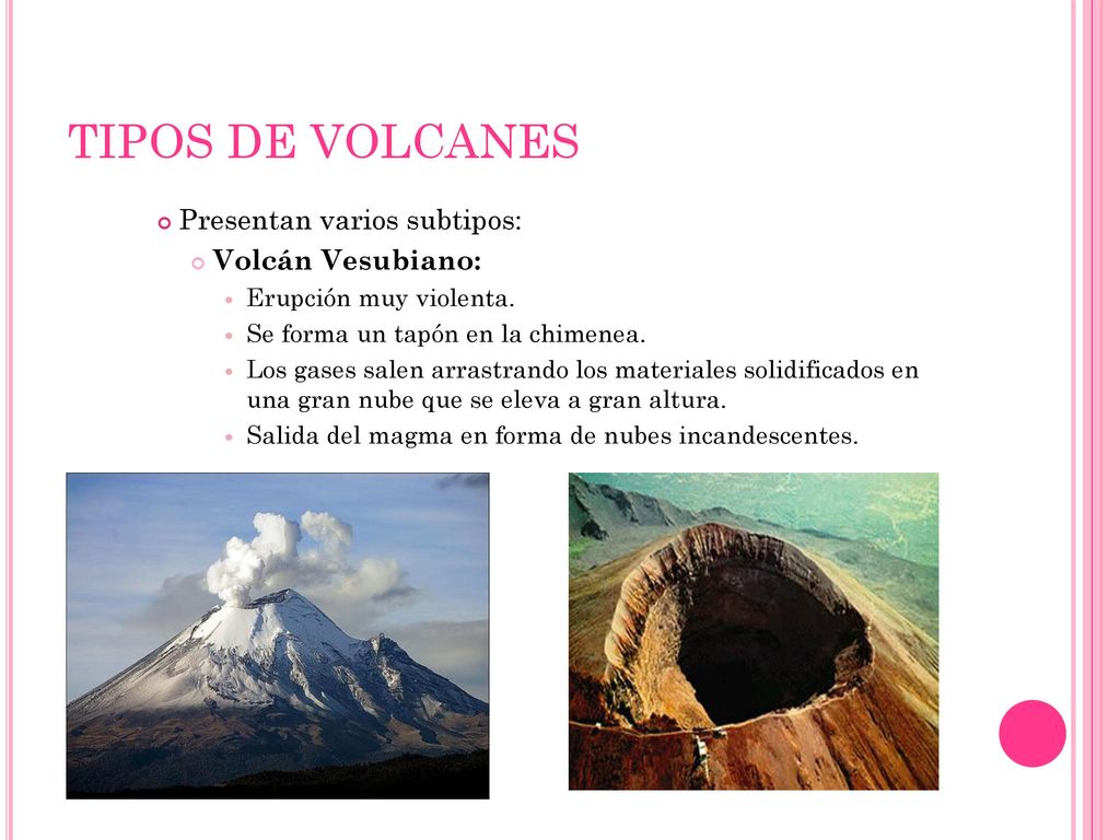 TIPOS DE VOLCANES Presentan varios subtipos: Volcán Vesubiano: