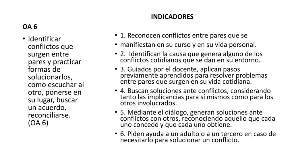 OA 6 INDICADORES. 1. Reconocen conflictos entre pares que se. manifiestan en su curso y en su vida personal.