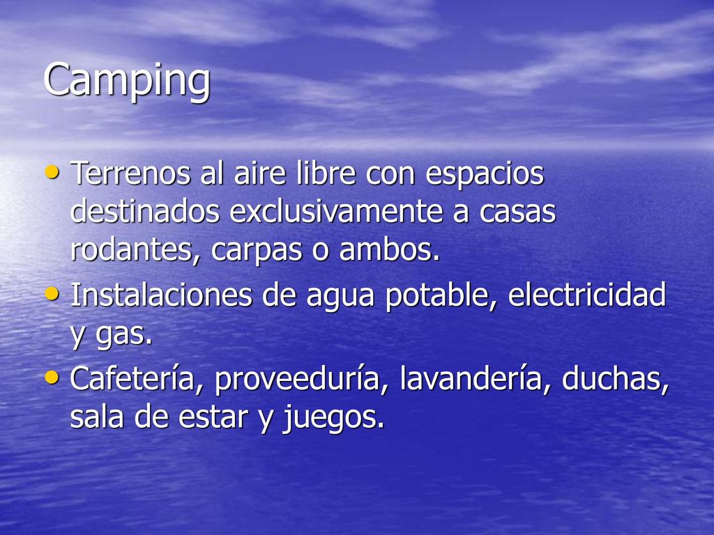 Camping Terrenos al aire libre con espacios destinados exclusivamente a casas rodantes, carpas o ambos.
