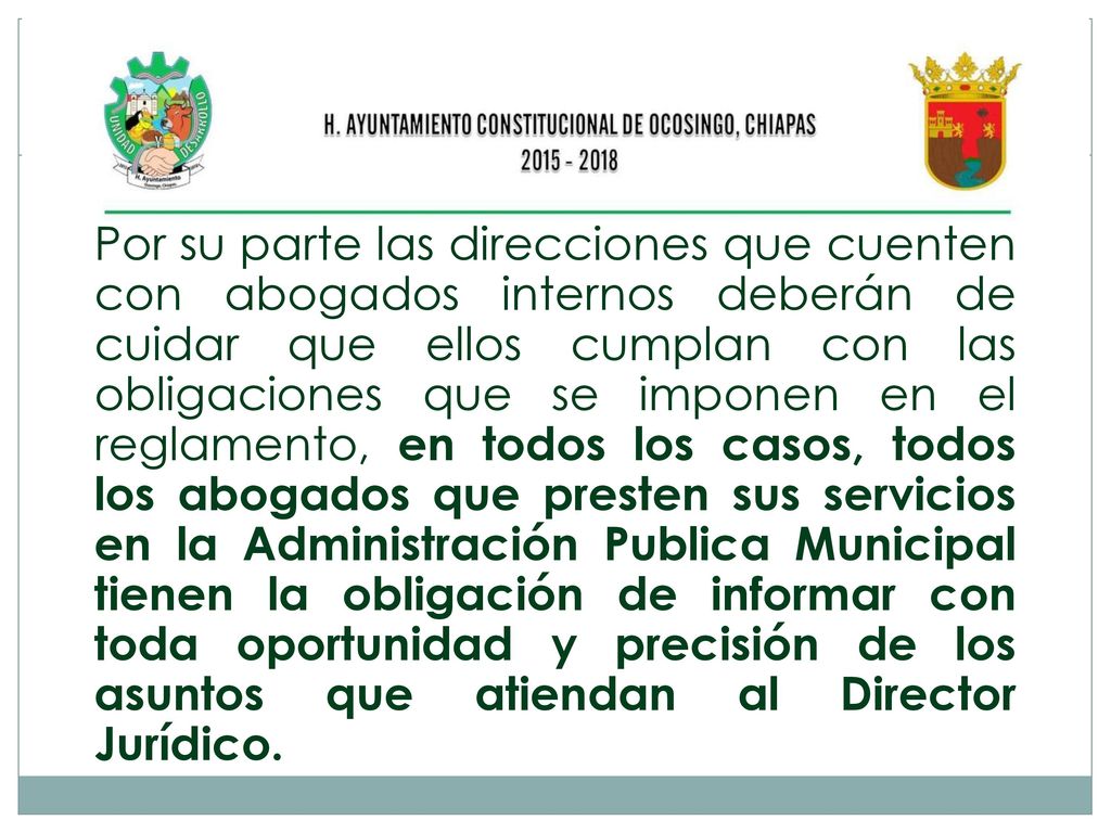 Por su parte las direcciones que cuenten con abogados internos deberán de cuidar que ellos cumplan con las obligaciones que se imponen en el reglamento, en todos los casos, todos los abogados que presten sus servicios en la Administración Publica Municipal tienen la obligación de informar con toda oportunidad y precisión de los asuntos que atiendan al Director Jurídico.