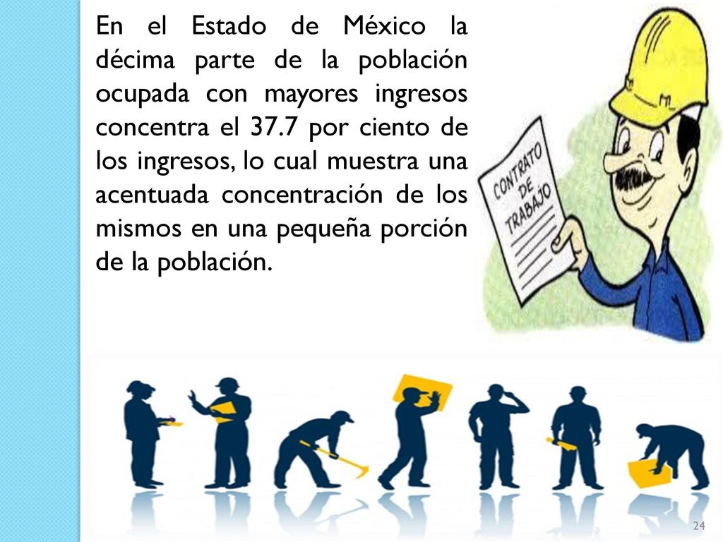 En el Estado de México la décima parte de la población ocupada con mayores ingresos concentra el 37.7 por ciento de los ingresos, lo cual muestra una acentuada concentración de los mismos en una pequeña porción de la población.