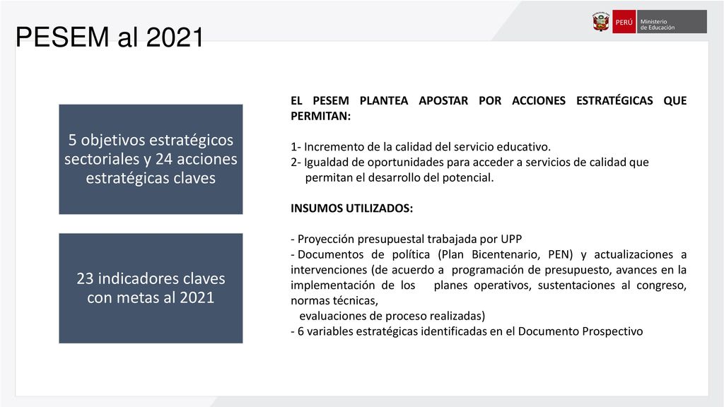 PESEM al 2021 EL PESEM PLANTEA APOSTAR POR ACCIONES ESTRATÉGICAS QUE PERMITAN: 1- Incremento de la calidad del servicio educativo.
