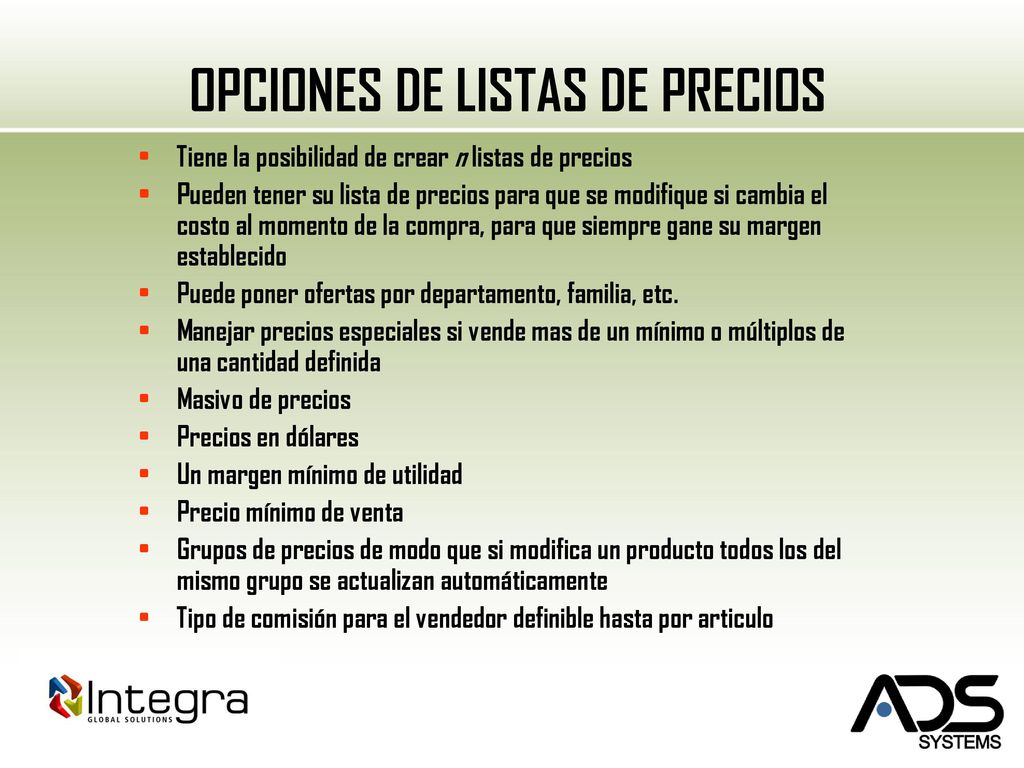 OPCIONES DE LISTAS DE PRECIOS