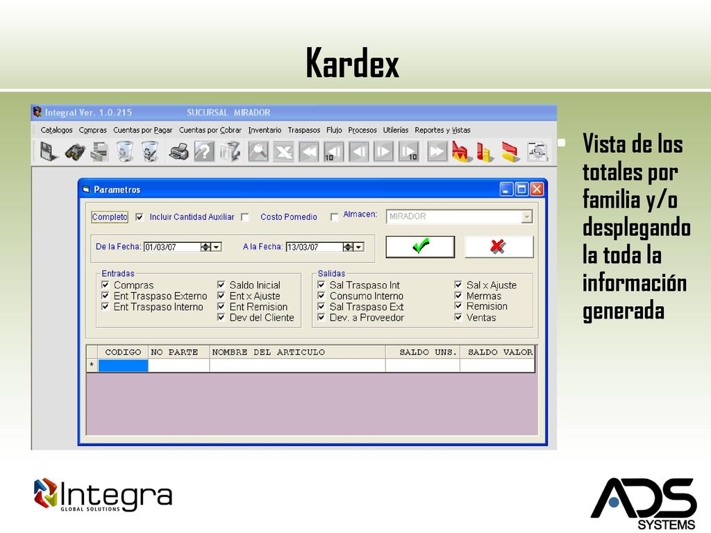 Kardex Vista de los totales por familia y/o desplegando la toda la información generada