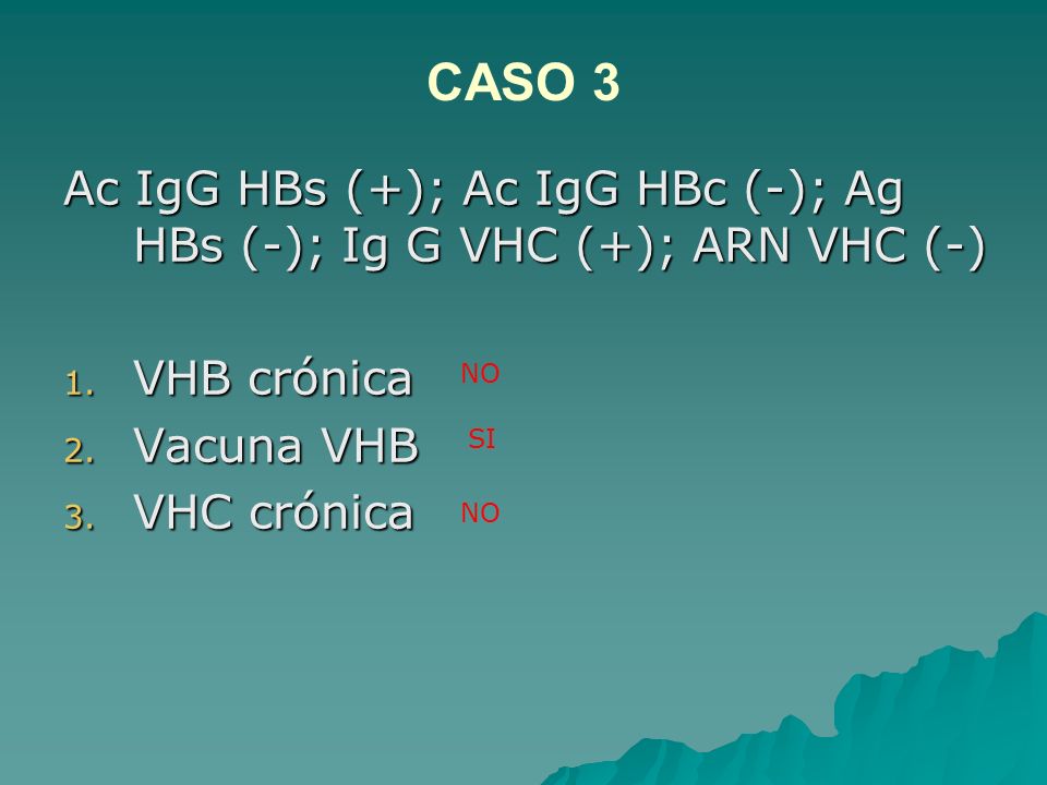 CASO 3 Ac IgG HBs (+); Ac IgG HBc (-); Ag HBs (-); Ig G VHC (+); ARN VHC (-) VHB crónica. Vacuna VHB.