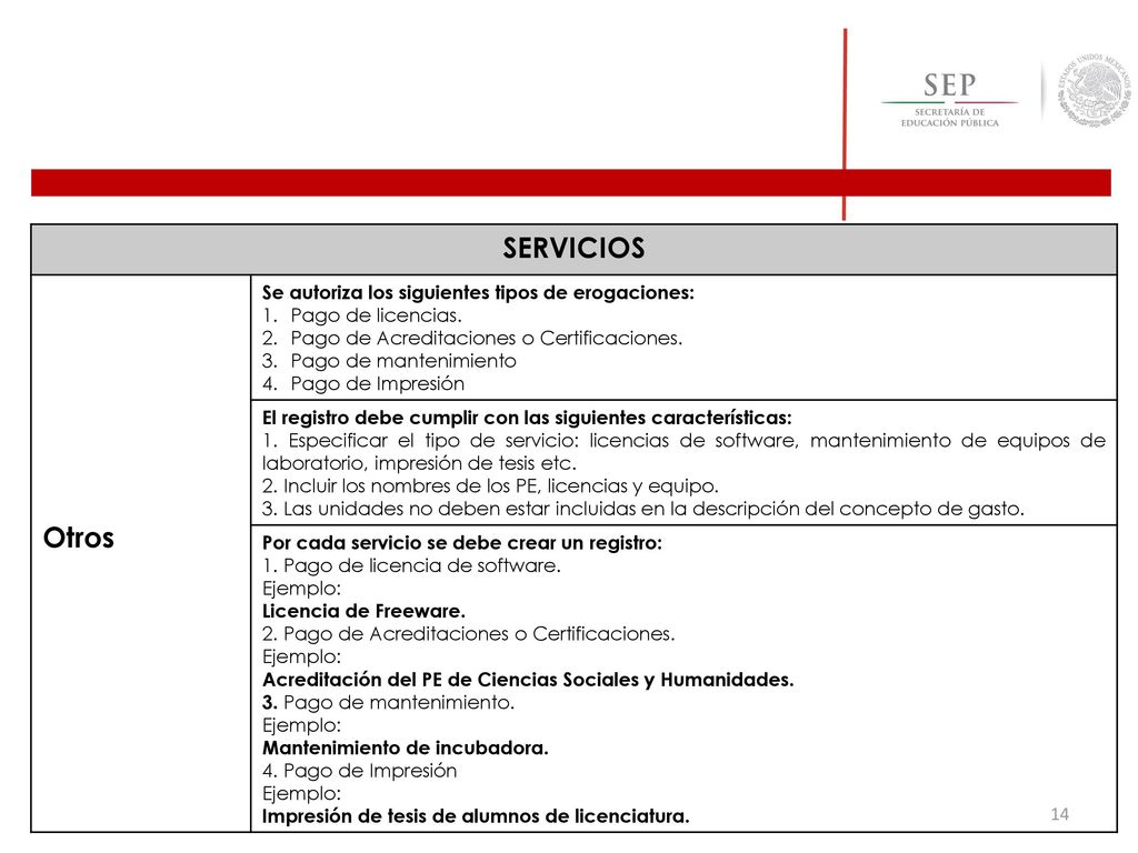 SERVICIOS Otros Se autoriza los siguientes tipos de erogaciones: