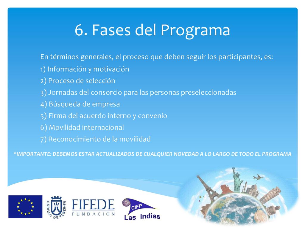 6. Fases del Programa En términos generales, el proceso que deben seguir los participantes, es: 1) Información y motivación.