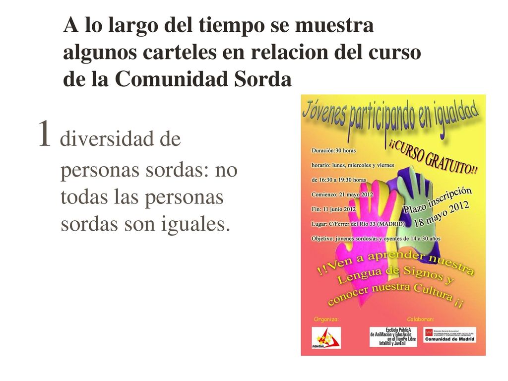 A lo largo del tiempo se muestra algunos carteles en relacion del curso de la Comunidad Sorda