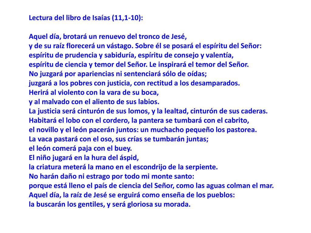 Lectura del libro de Isaías (11,1-10): Aquel día, brotará un renuevo del tronco de Jesé,
