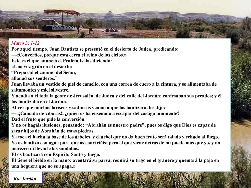 Mateo 3: 1-12 Por aquel tiempo, Juan Bautista se presentó en el desierto de Judea, predicando: