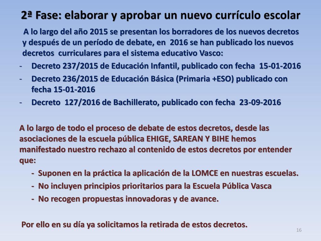 2ª Fase: elaborar y aprobar un nuevo currículo escolar