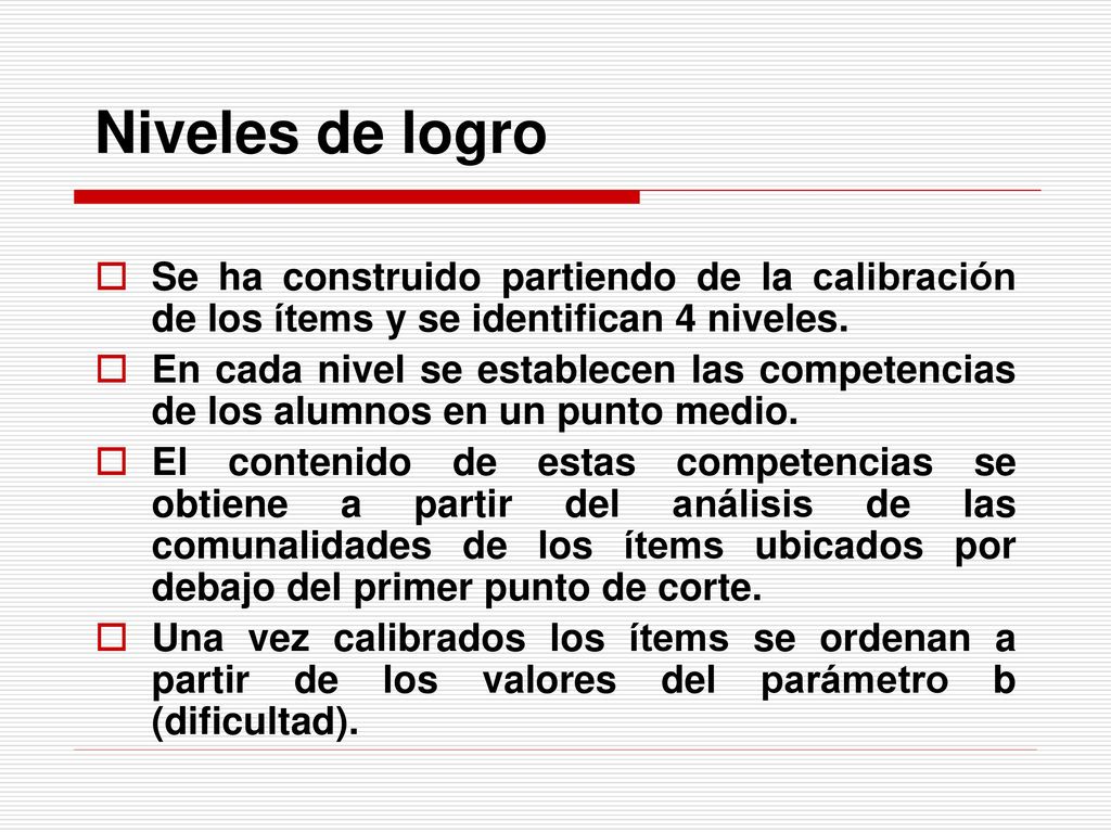 Niveles de logro Se ha construido partiendo de la calibración de los ítems y se identifican 4 niveles.
