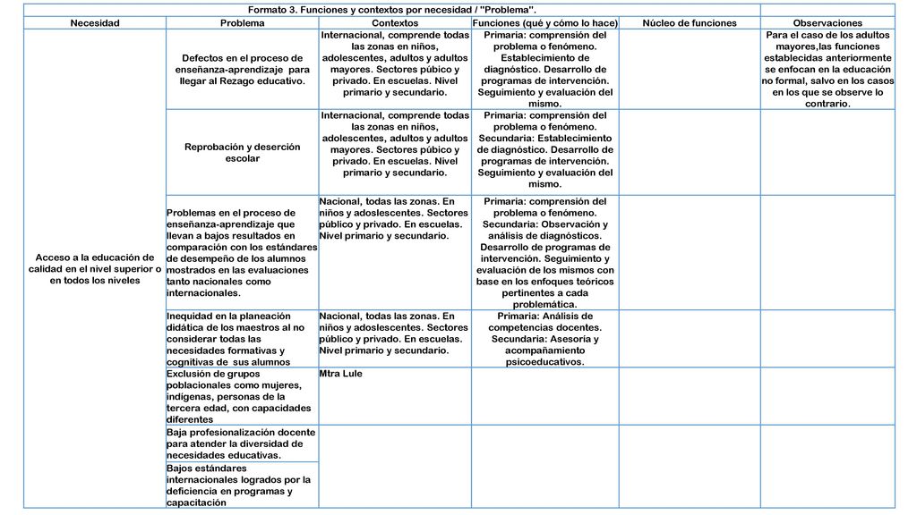 Formato 3. Funciones y contextos por necesidad / Problema . Necesidad