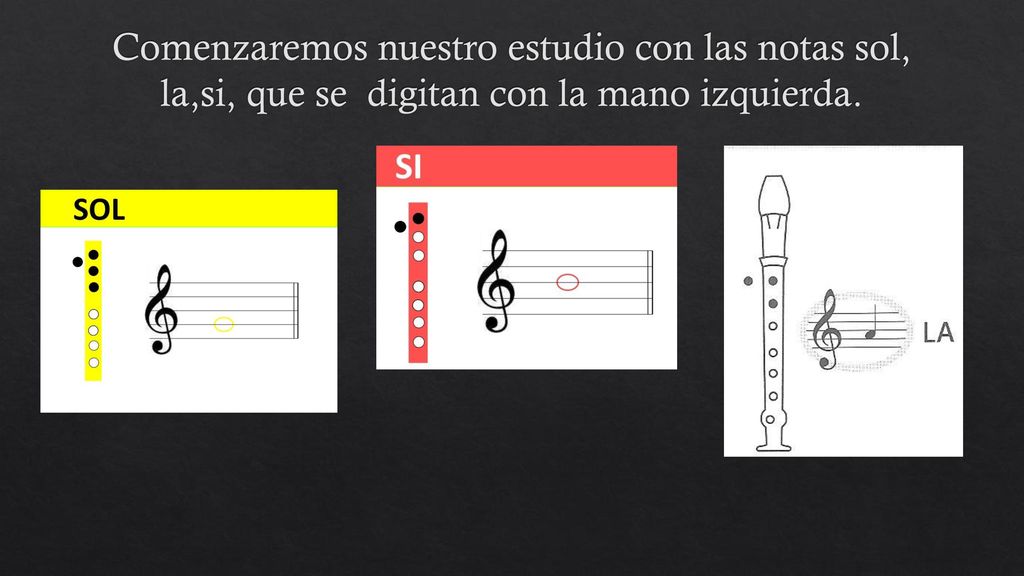 Comenzaremos nuestro estudio con las notas sol, la,si, que se digitan con la mano izquierda.