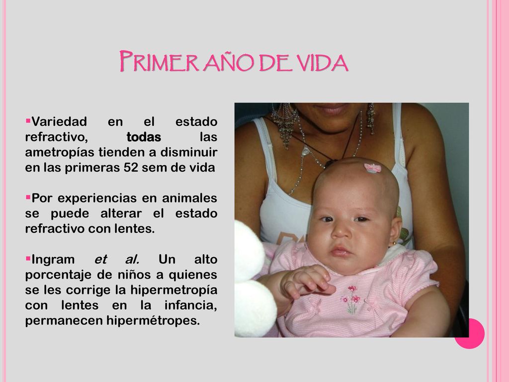 Primer año de vida Variedad en el estado refractivo, todas las ametropías tienden a disminuir en las primeras 52 sem de vida.