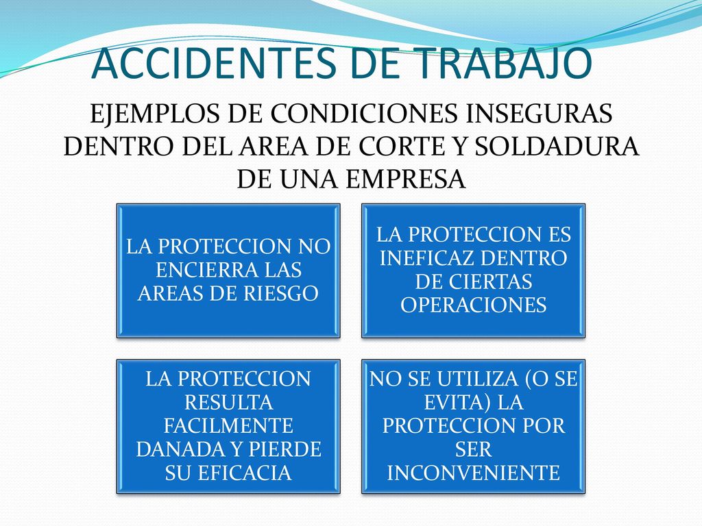 ACCIDENTES DE TRABAJO EJEMPLOS DE CONDICIONES INSEGURAS DENTRO DEL AREA DE CORTE Y SOLDADURA DE UNA EMPRESA.