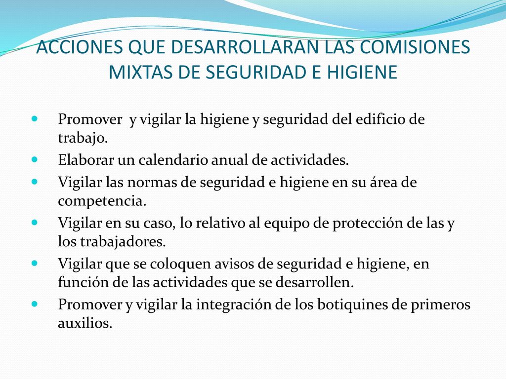 ACCIONES QUE DESARROLLARAN LAS COMISIONES MIXTAS DE SEGURIDAD E HIGIENE