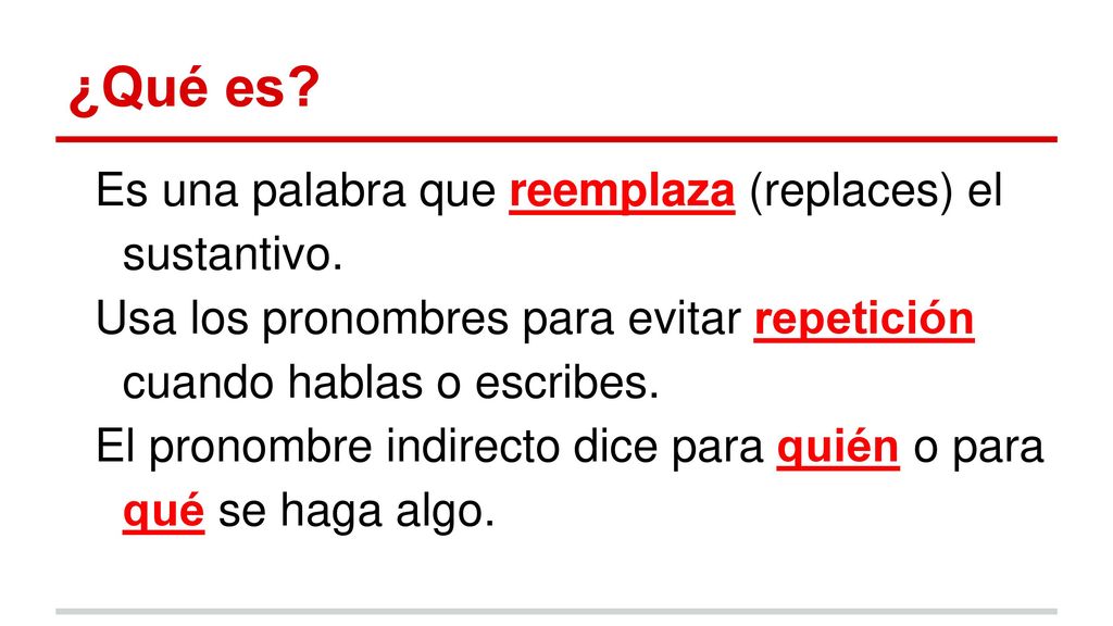¿Qué es Es una palabra que reemplaza (replaces) el sustantivo.