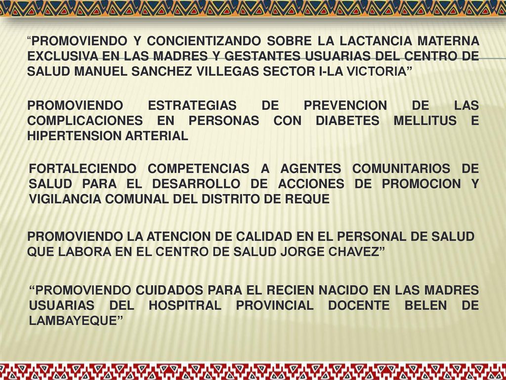 PROMOVIENDO Y CONCIENTIZANDO SOBRE LA LACTANCIA MATERNA EXCLUSIVA EN LAS MADRES Y GESTANTES USUARIAS DEL CENTRO DE SALUD MANUEL SANCHEZ VILLEGAS SECTOR I-LA VICTORIA