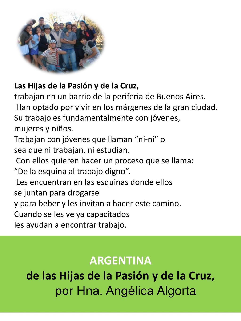 de las Hijas de la Pasión y de la Cruz, por Hna. Angélica Algorta