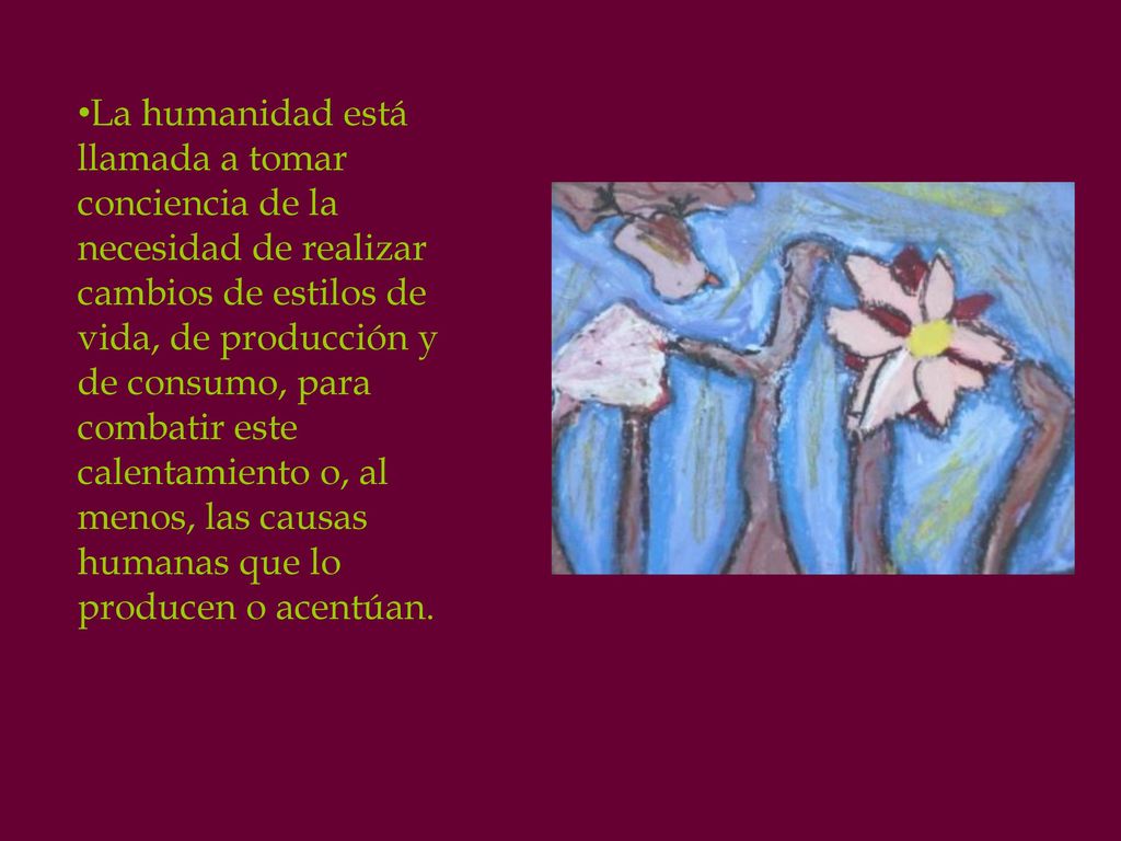 La humanidad está llamada a tomar conciencia de la necesidad de realizar cambios de estilos de vida, de producción y de consumo, para combatir este calentamiento o, al menos, las causas humanas que lo producen o acentúan.