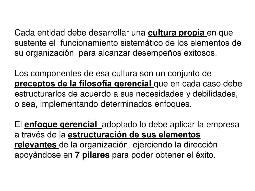Cada entidad debe desarrollar una cultura propia en que sustente el funcionamiento sistemático de los elementos de su organización para alcanzar desempeños exitosos.