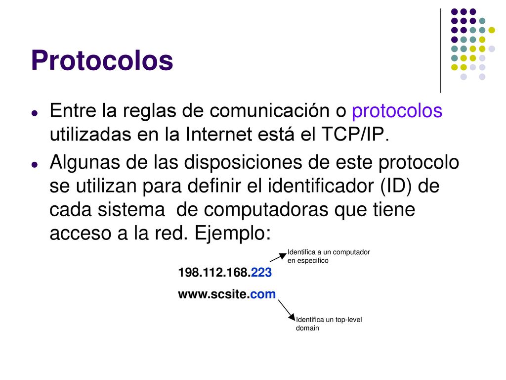 Protocolos Entre la reglas de comunicación o protocolos utilizadas en la Internet está el TCP/IP.