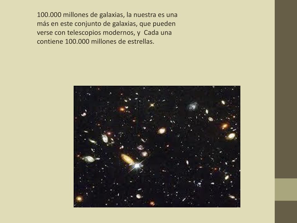 millones de galaxias, la nuestra es una más en este conjunto de galaxias, que pueden verse con telescopios modernos, y Cada una contiene millones de estrellas.