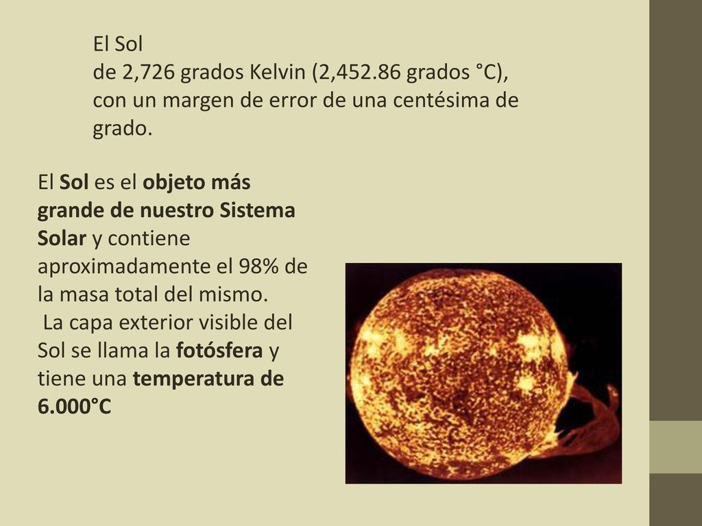 El Sol de 2,726 grados Kelvin (2, grados °C), con un margen de error de una centésima de grado.