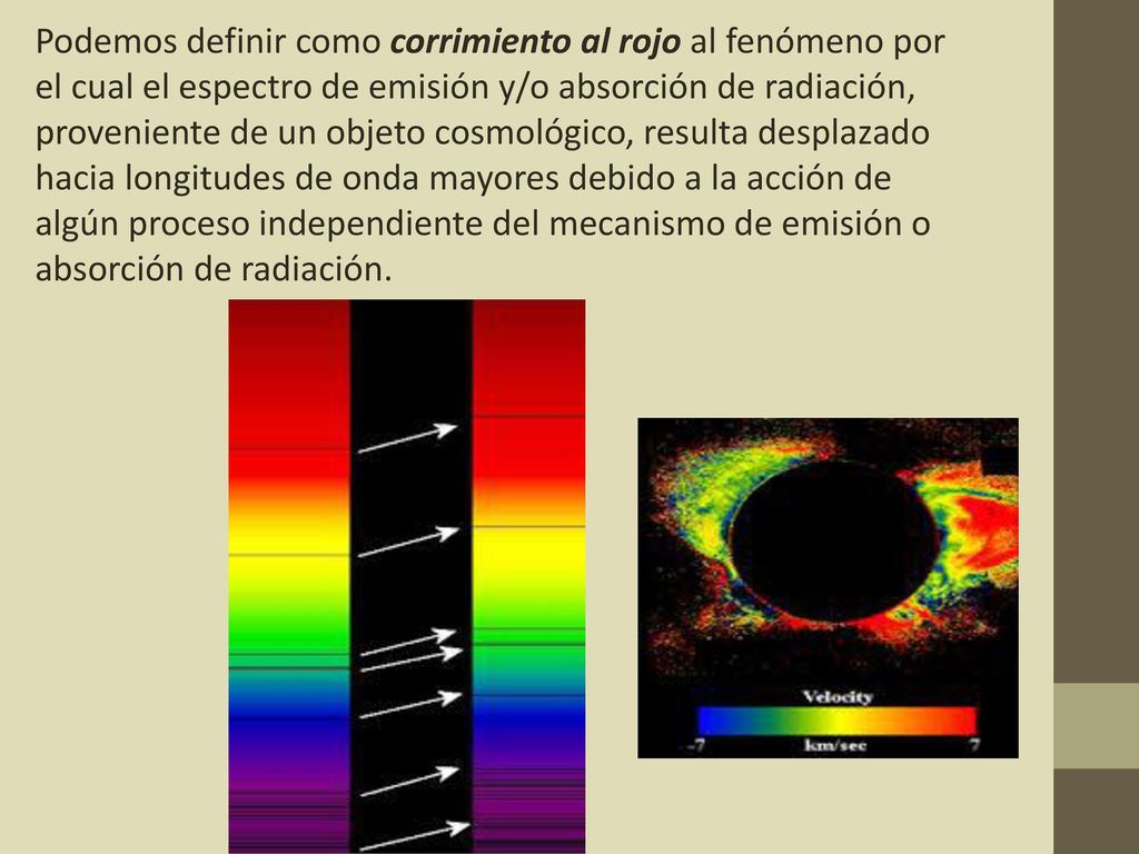 Podemos definir como corrimiento al rojo al fenómeno por el cual el espectro de emisión y/o absorción de radiación, proveniente de un objeto cosmológico, resulta desplazado hacia longitudes de onda mayores debido a la acción de algún proceso independiente del mecanismo de emisión o absorción de radiación.
