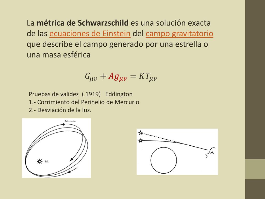 La métrica de Schwarzschild es una solución exacta de las ecuaciones de Einstein del campo gravitatorio que describe el campo generado por una estrella o una masa esférica