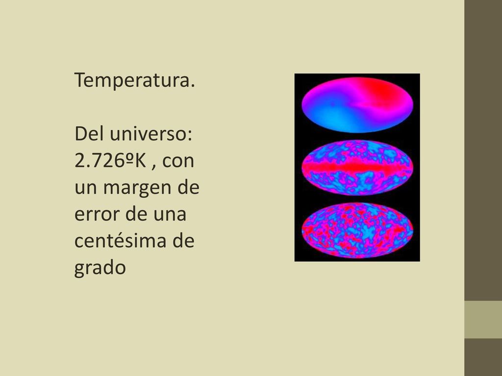 Temperatura. Del universo: 2.726ºK , con un margen de error de una centésima de grado