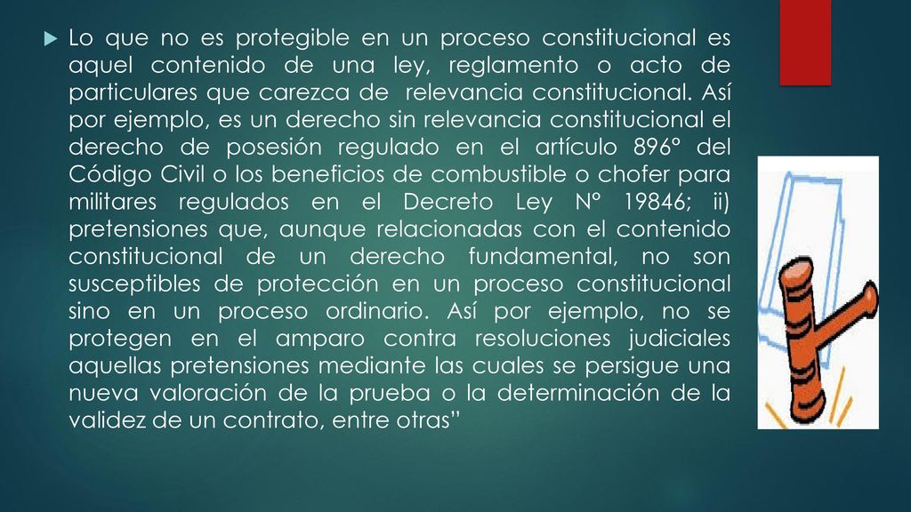 Lo que no es protegible en un proceso constitucional es aquel contenido de una ley, reglamento o acto de particulares que carezca de relevancia constitucional.