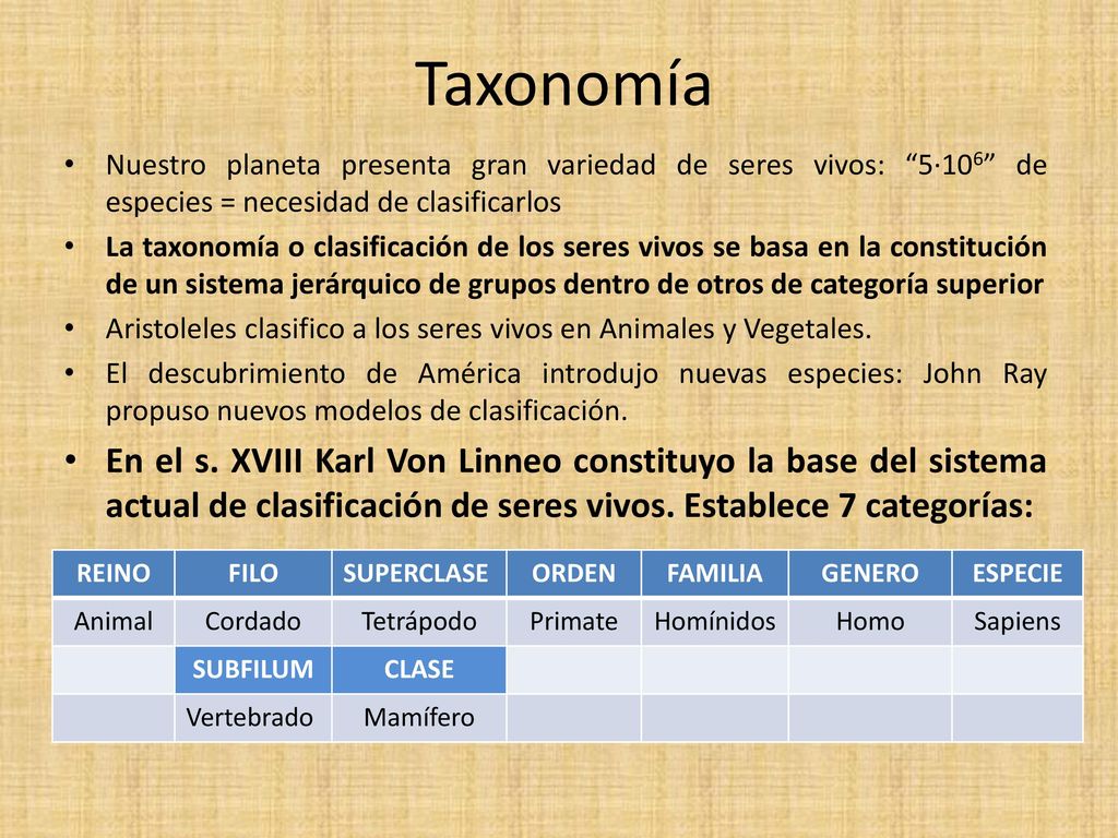 Taxonomía Nuestro planeta presenta gran variedad de seres vivos: 5·106 de especies = necesidad de clasificarlos.