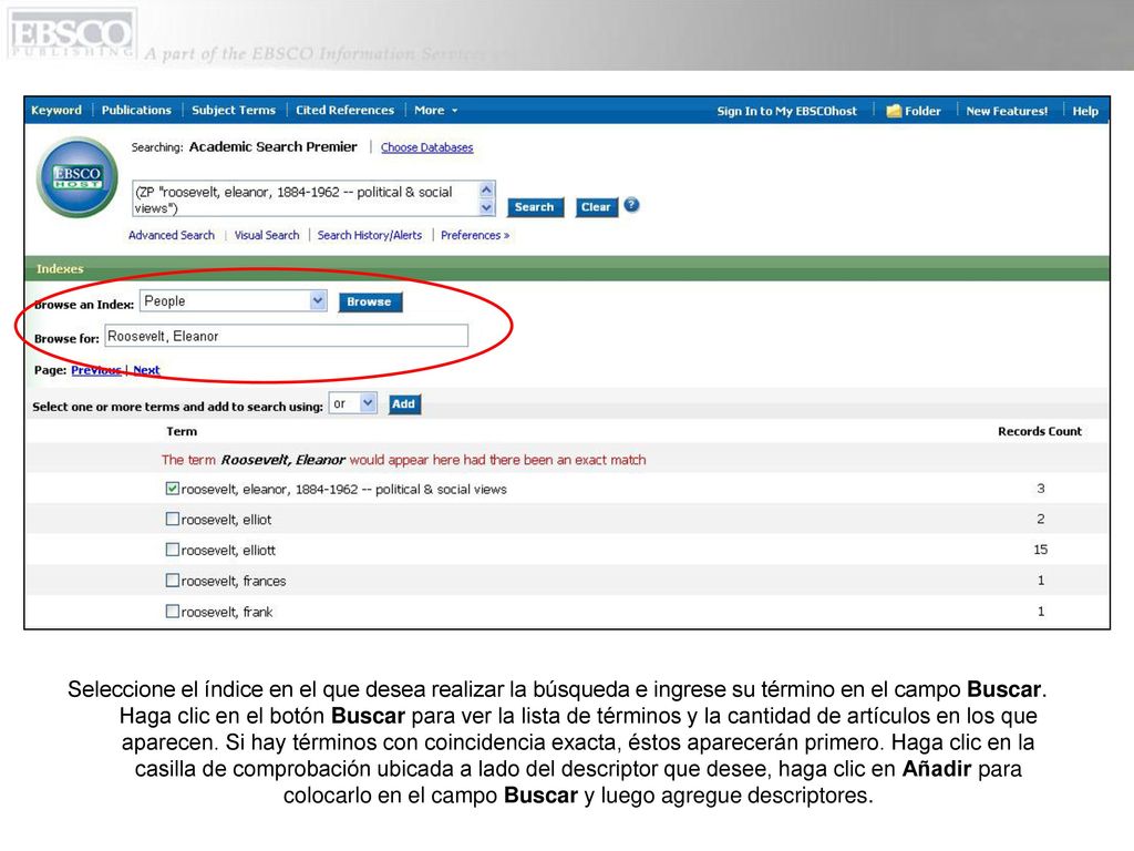 Seleccione el índice en el que desea realizar la búsqueda e ingrese su término en el campo Buscar.