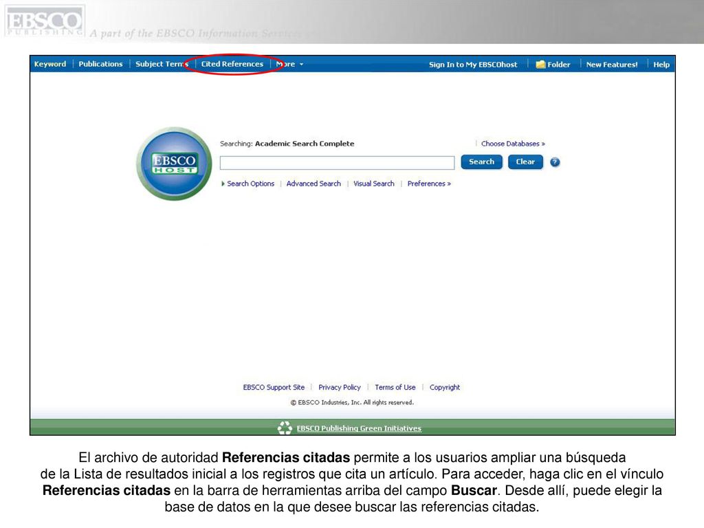 El archivo de autoridad Referencias citadas permite a los usuarios ampliar una búsqueda de la Lista de resultados inicial a los registros que cita un artículo.
