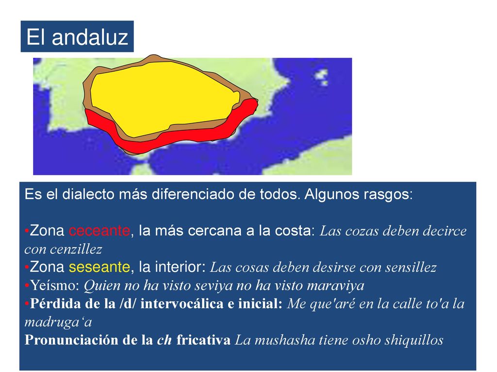 El andaluz Es el dialecto más diferenciado de todos. Algunos rasgos: