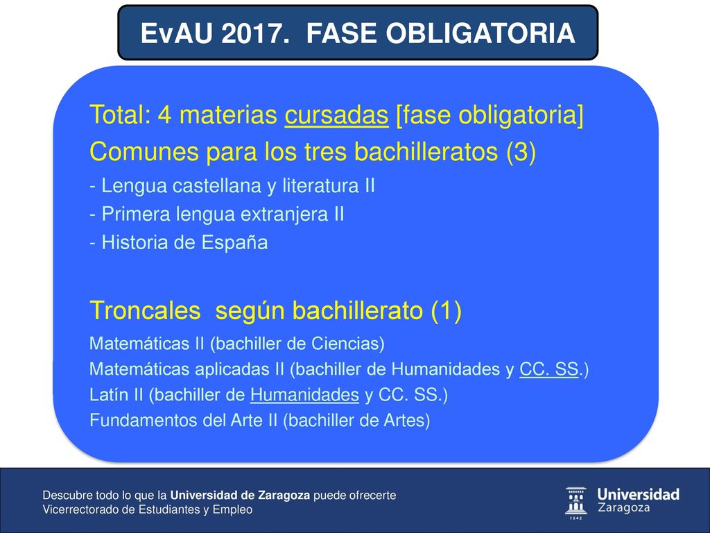 EvAU FASE OBLIGATORIA Total: 4 materias cursadas [fase obligatoria] Comunes para los tres bachilleratos (3)