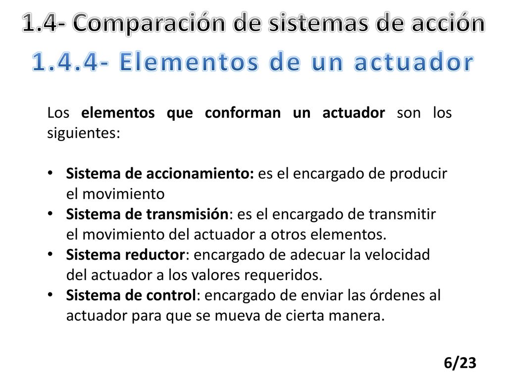 1.4- Comparación de sistemas de acción Elementos de un actuador